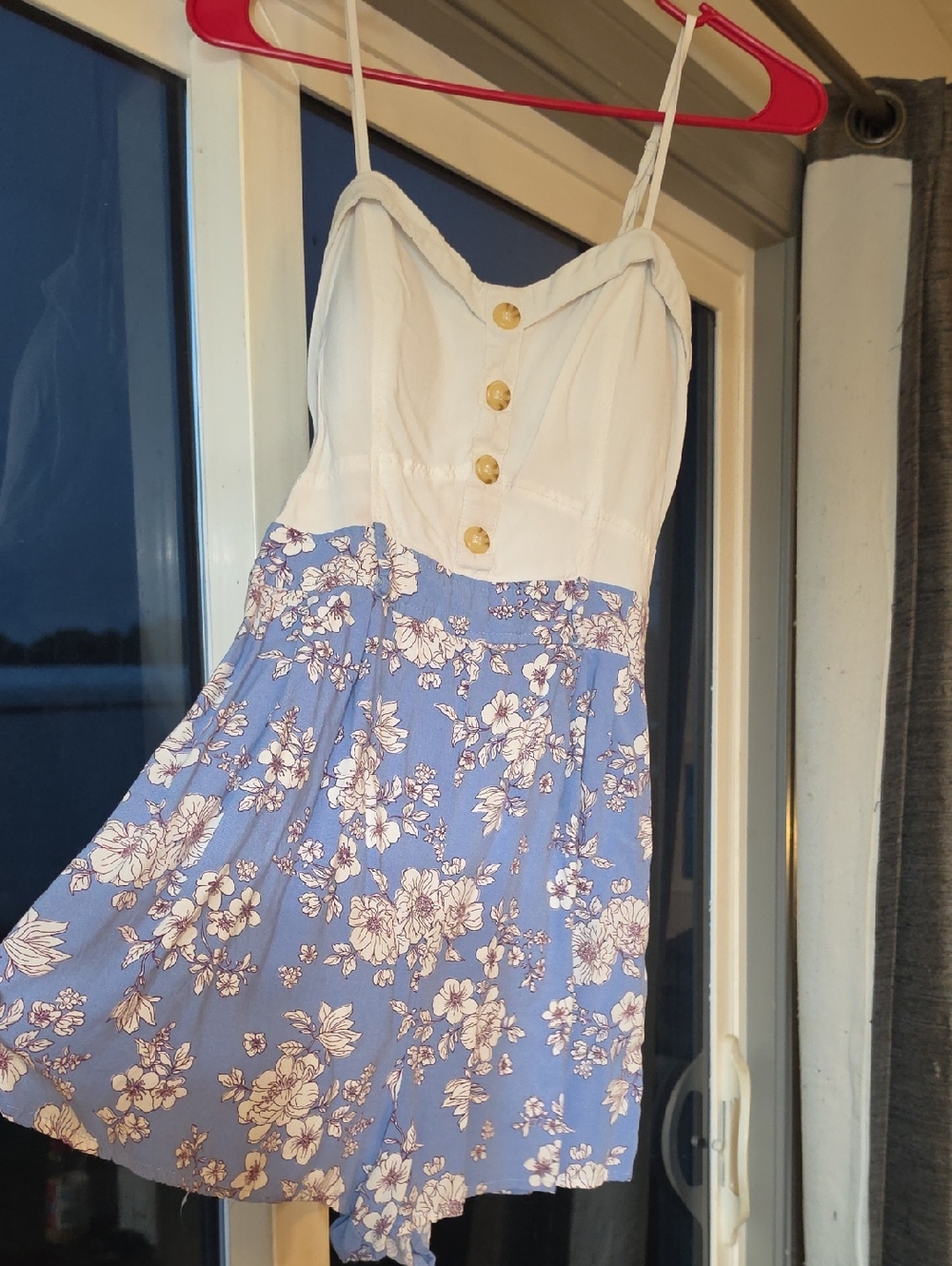 White & Blue Floral Spaghetti Strap Romper